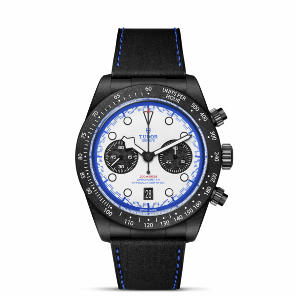 TUDOR Black Bay Chrono Boîtier en carbone noir 42 mm Cadran blanc Bracelet hybride en cuir et caoutchouc avec motif pneus